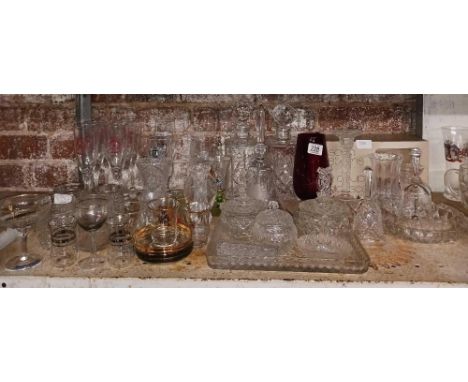 SHELF OF VARIOUS GLASSES, DECANTERS, GLASS TABLE BELLS &amp; SMALL VASES