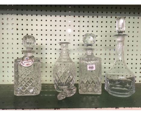 SHELF OF 4 GLASS DECANTERS (1 STOPPER A/F)