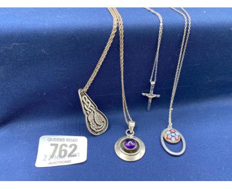 3 SILVER PENDANTS &amp; CHAINS &amp; A SILVER MILLEFIORI PENDANT &amp; CHAIN WITH EDINBURGH HALLMARK