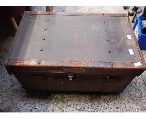 VINTAGE LEATHER &amp; CANVAS TRAVEL TRUNK, A/F CONDITION