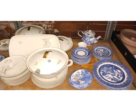 SHELF WITH QTY OF BLUE &amp; WHITE CHINA BY ROYAL WESSEX &amp; GERMAN TABLEWARE, TUREEN'S, PLATES ETC