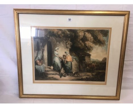 GOOD MEZZOTINT OF 18THC COUNTRY FOLK WITH FARMSTEAD, AFTER GEORGE MORLAND, WITH IMPRESSED FINE ART STAMP INITIALLED KS.  INDI