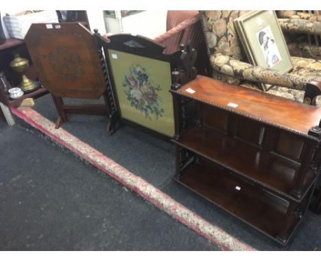 MAHOGANY WALL SHELF, CARD FOLD AWAY TABLE &amp; A GLAZED BARLEY TWIST TAPESTRY FIRE SCREEN 