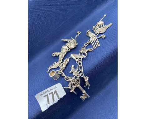 SILVER CHARM BRACELET WITH 19 SILVER CHARMS &amp; SAFETY CHAIN