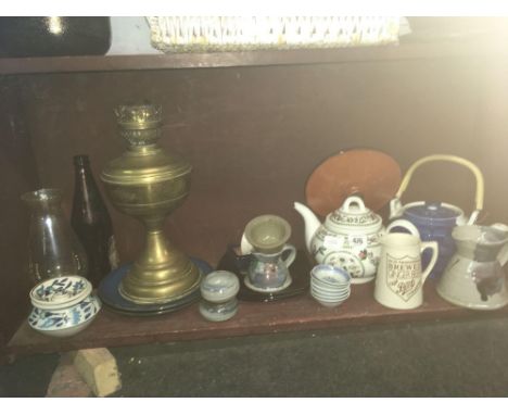 SHELF WITH OIL LAMP, CHINAWARE ETC