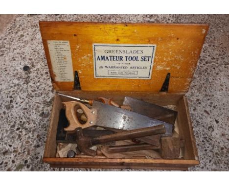 SMALL WOODEN CHEST OF CARPENTERS TOOLS, MALLETS, PANEL SAWS &amp; SAWS