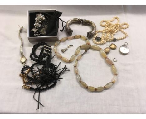 TUB OF COSTUME JEWELLERY WITH LARGE BANGLE POSSIBLY SILVER