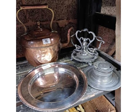 PEWTER CAPSTAN INKWELL, COPPER KETTLE, AN EPERGNE HOLDER &amp; WHITE METAL SALVER