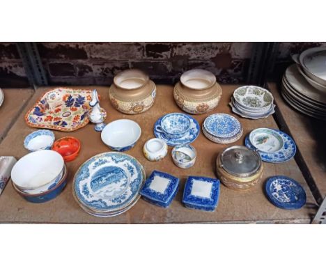  SHELF OF MISC CHINAWARE INCL; 2 VASES BY DOULTON BURSLEM WITH US PATENT, BLUE &amp; WHITE ROYAL DOULTON WILLOW PATTERN TRINK