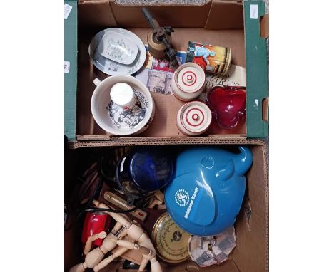 2 CARTONS WITH BLOW LAMP, KITCHEN JARS, DISCO LIGHT, BAROMETER, MIDLANDBANK MONEY BOX, 2 ARTISTS WOODEN MANNEQUIN'S 