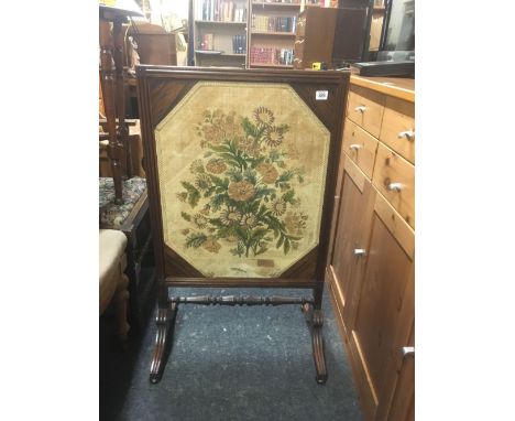 MAHOGANY NEEDLEWORK FIRE SCREEN 