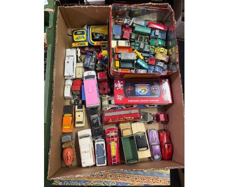 CARTON &amp; TIN OF PLAY WORN VINTAGE TOYS INCL; A CORGI NODDY CAR &amp; BAT MOBILE