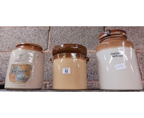 3 VINTAGE STONE GLAZED JARS, 1 FOR MARMALADE, 1 WITH LID &amp; A WAR TIME ANTI GAS OINTMENT JAR 