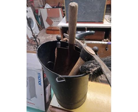 COAL HOD WITH MISC FIRESIDE TOOLS &amp;  SMALL PICK AXE