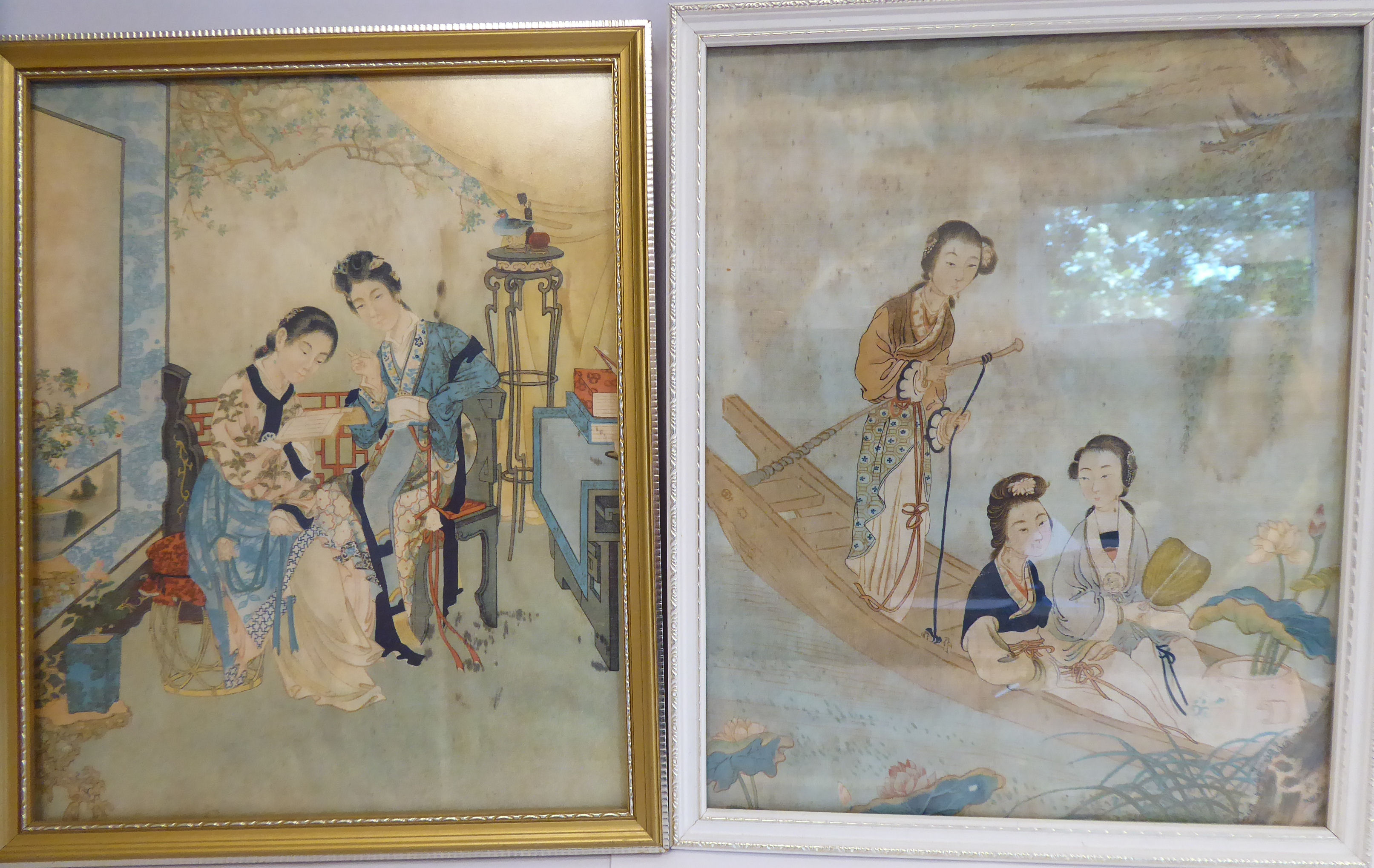 A pair of early 20thC Chinese paintings on silk, each depicting ladies