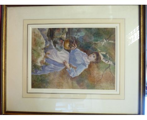 Arthur Wilkinson - a young woman beside a well, in a wooded setting  watercolour  bears a signature  13'' x 9.5''  framed