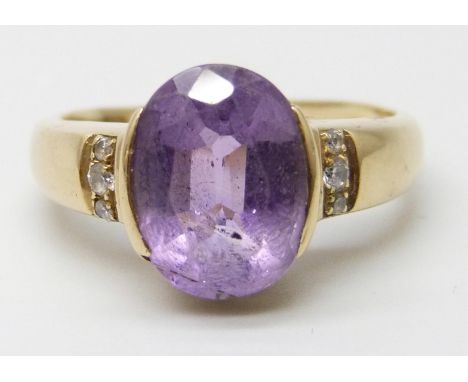 A yellow metal, amethyst and white stone ring, stamped 14K, stone a/f, 4.5g, O