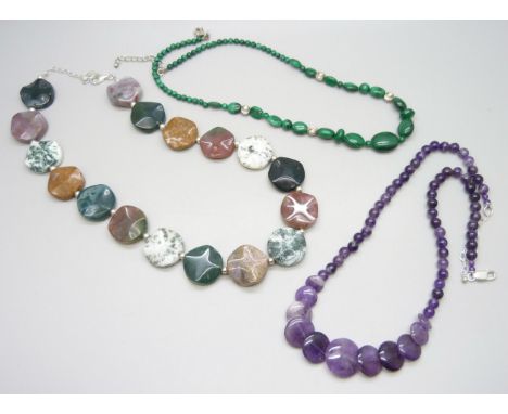Three silver mounted gemstone necklaces including amethyst and malachite 