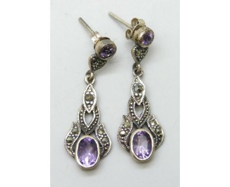 A pair of silver, amethyst and marcasite earrings, 3.3cm drop, boxed