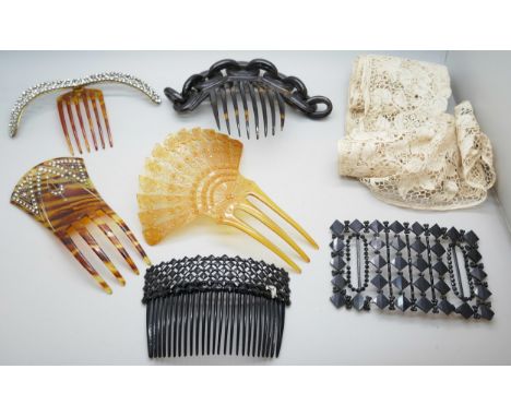 A collection of vintage hair accessories, and a band of lace