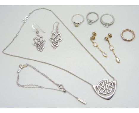 A collection of jewellery including a silver gilt Pandora ring, I/J, three other silver rings, a silver Celtic style necklace
