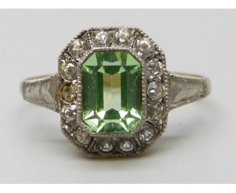 An early 20th Century 9ct gold and silver green paste set ring, 2.3g, M
