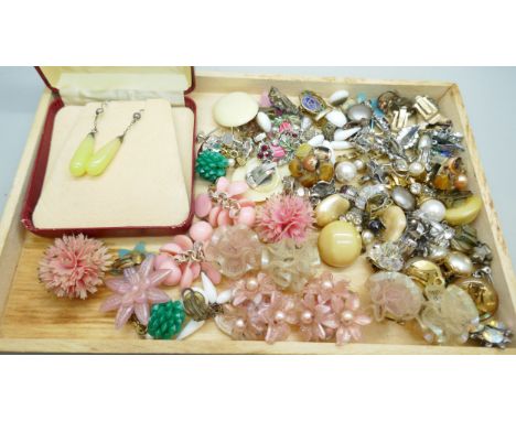 Over 40 pairs of vintage clip-on earrings and a pair of white metal mounted early 20th Century earrings 