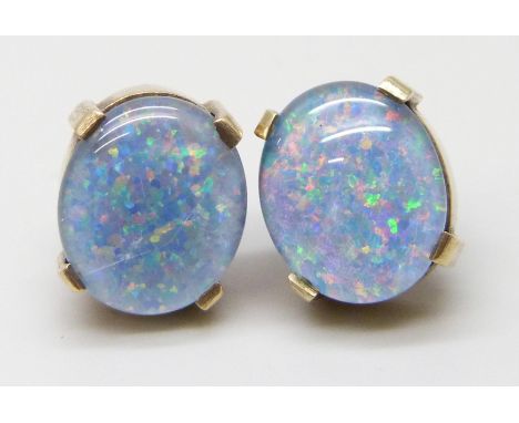 A pair of triplet opal earrings, London 1977, 1.2cm stones, 4.3g