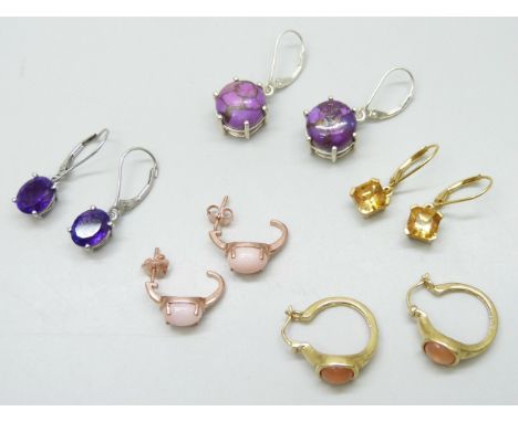 Five pairs of silver earrings set with precious stones including purple mojave 10.25cts, Zambian amethyst 3.750cts, Peruvian 