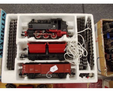 A Marklin "G" scale boxed set, comprising 0-6-0 tank engine 80 031 DB Black, gondola and twin side tipping wagon and track, (