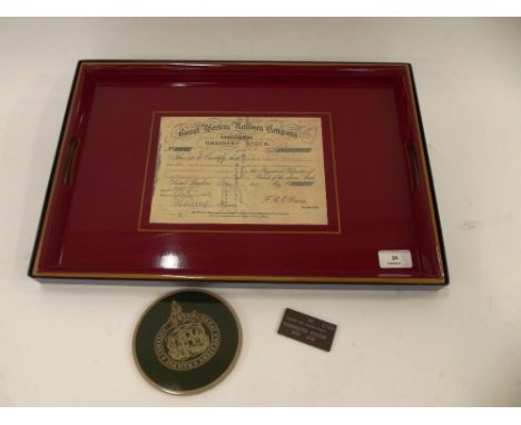 A Great Western Railway commemorative tea tray, inset with original Share Certificate and a Great Western Railway commemorati