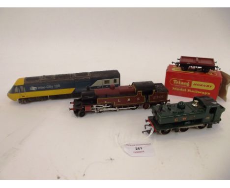 A Hornby 2-6-4 tank engine, LMS maroon 2301; pannier tank GWR; HST Powercar and cable drum wagon, (G)