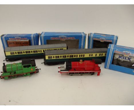 Thomas Tank engine items; No.6 Percy; Annie milk and open wagons, (B.D.F.G.); 2 green/cream coaches and an 0-6-0 engine only,