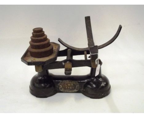A set of GWR scales, complete with graduated iron weights, (weighing pan missing)