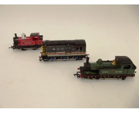 A Hornby Feelance Industrial shunter 25550, red; a 0-6-0 08 diesel shunter "Piccadilly" and a Mainline 0-6-0 tank engine "Joe