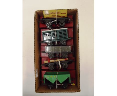 5 Hornby Post War No.1 wagons; McAlpine, Southern milk, NE open, timber and LMS hopper, (B.N.M.) 