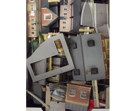 A quantity of Hornby lineside buildings, including stations, goods shed, engine shed etc. as removed from layout, (G)