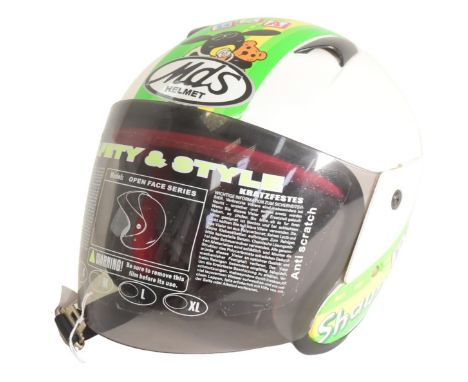 Shawn The Sheep - Ardman Animations - a childs MDS made open face bike racing helmet with Shawn The Sheep decals, padded inte