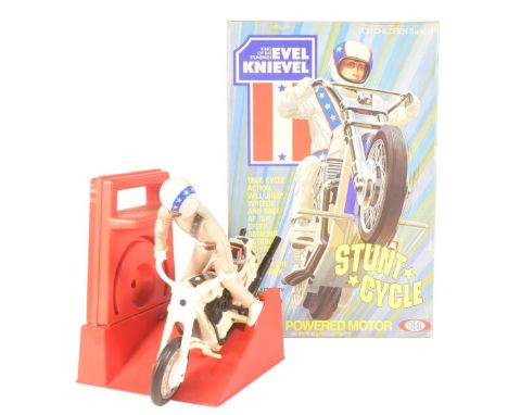 Retro Toys - a vintage Ideal made Evel Knievel Stunt Cycle stunt bike with gyro powered launcher and Evel Knievel action figu