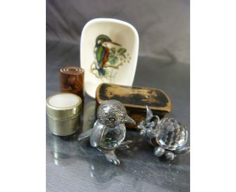 Antique treen snuff box along with two others (one topped with mother of pearl) and three trinket pieces