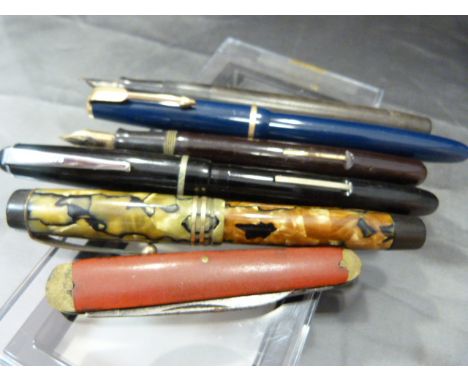 Five Fountain pens and a pen knife - Pens consist of Swan 3 14ct nib, Mabie Todd & Co Self filler fountain pen (no lid), Wate