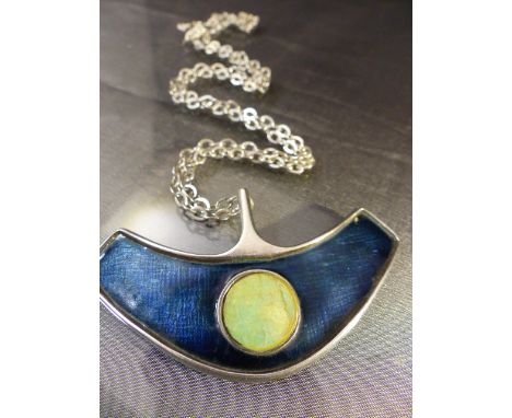 Sterling Silver contemporary Enamel and Pectolite pendant and Chain in the 1960's by Designer for UNI David Andersen. Measuri