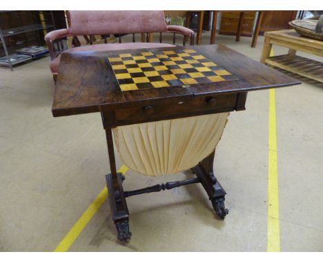 An early Victorian Rosewood Games table, c.1850's, Swivel top with fold out leaf revealing Chess board inlaid with walnut. Be