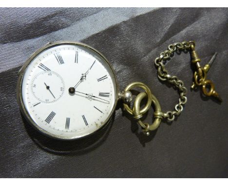 Hallmarked silver pocket watch with subsidiary face and keys attached to small Albert. Hallmarked rubbed to inner back cover.