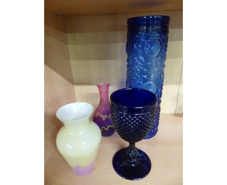 Casa Pupo of London bristol blue coloured glass wine glass (sticker to bottom), Tall Blue moulded vase, Caithness glass vase 