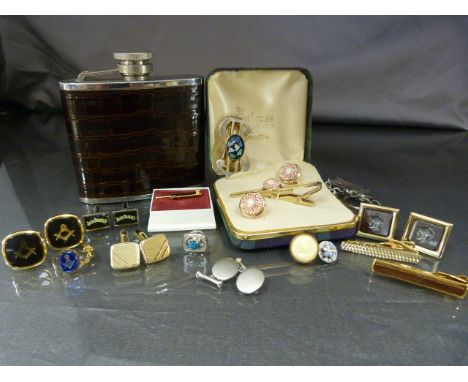 Collection of cuff-links to include Caithness, tie pins and money clips, a hip flask (some with masonic marks)