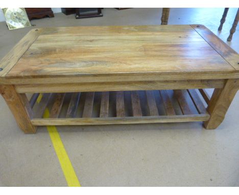 Large oak modern coffee table with magazine shelf under