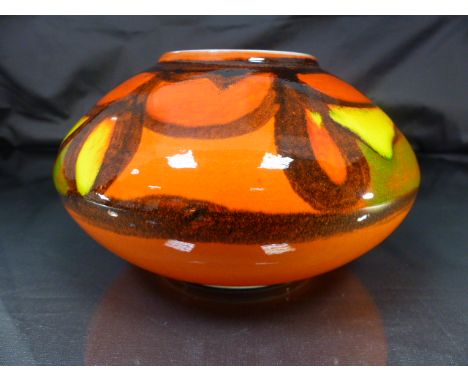 Poole Pottery Delphis Onion vase. Black Red and Sunset orange on a brightly coloured Orange ground. Shape number 32 and by Pa