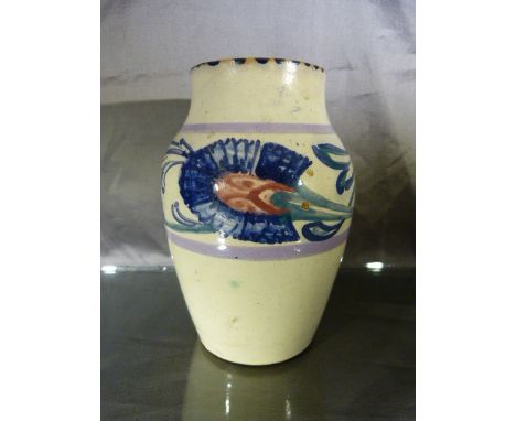 HONITON POTTERY - Small attractive vase in the De Morgan Pattern. Band of foliate drawings on a white ground. Red bodied with