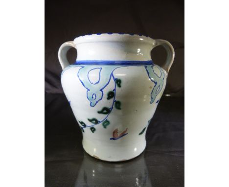 Honiton Pottery Twin-Handled Red-Bodied Vase (Shape No 48). Beryl pattern of birds and sweeping branches.  Small chip to foot